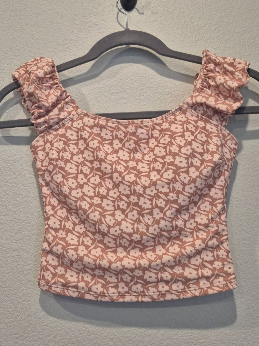 Janela Bay Swim Top Floral Tank Brown Beige Ruched Built in Bra Women's Small